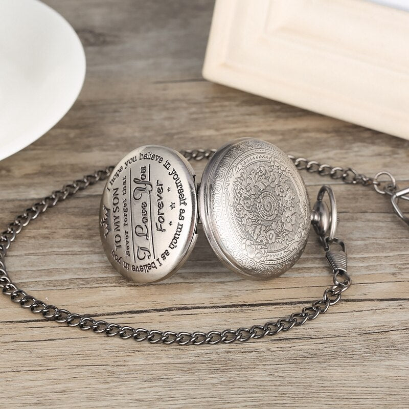 "To My Son, Never Forget That I Love You" Retro Engraved Quartz Pocket Watch-Pocket Watch-Innovato Design-Black-Innovato Design