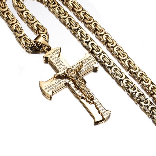 Stainless Steel Two-Tone Crucifixion Necklace Byzantine Chain-Necklaces-Innovato Design-Gold-20inch-Innovato Design