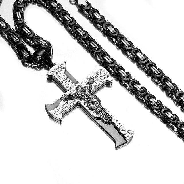 Stainless Steel Two-Tone Crucifixion Necklace Byzantine Chain ...