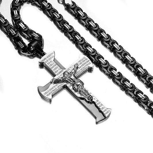 Stainless Steel Two-Tone Crucifixion Necklace Byzantine Chain-Necklaces-Innovato Design-Silver & Black-20inch-Innovato Design