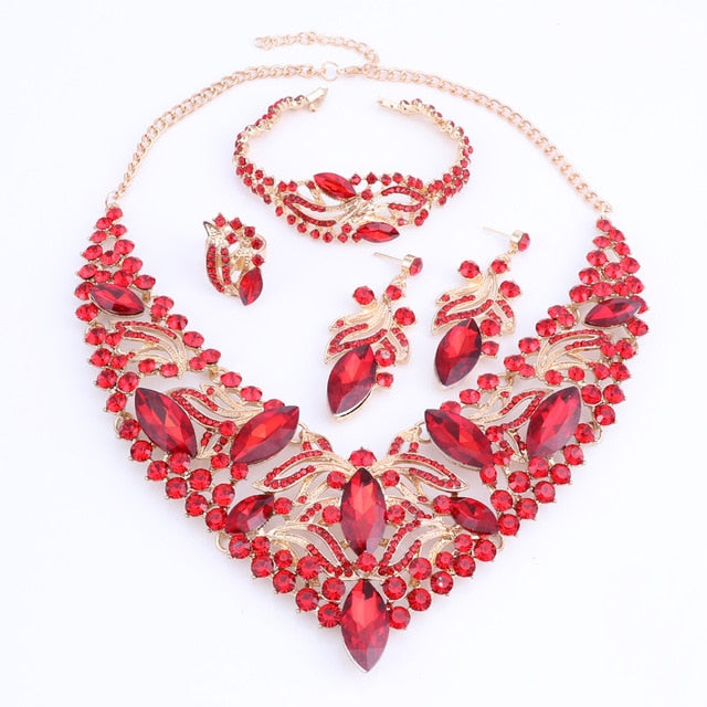 Rhinestone and Crystal Necklace, Bracelet, Earrings & Ring Wedding Jewelry Set-Jewelry Sets-Innovato Design-Red-Innovato Design