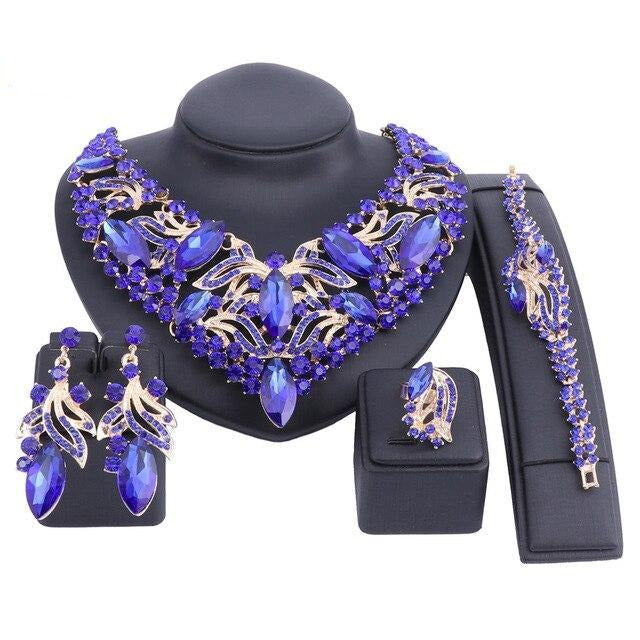 Rhinestone and Crystal Necklace, Bracelet, Earrings & Ring Wedding Jewelry Set-Jewelry Sets-Innovato Design-Blue-Innovato Design