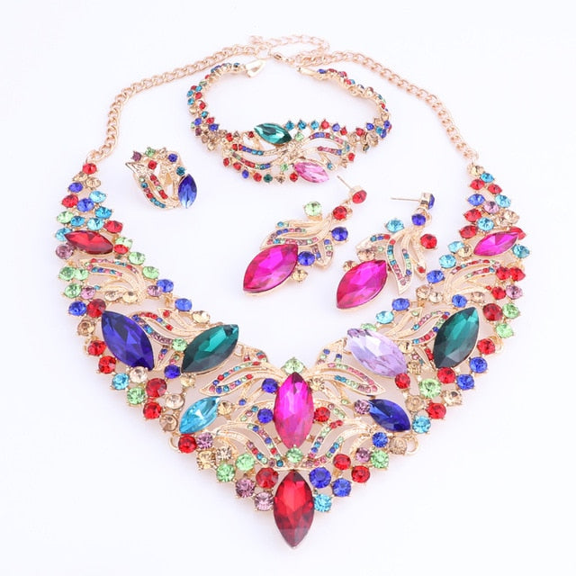 Rhinestone and Crystal Necklace, Bracelet, Earrings & Ring Wedding Jewelry Set-Jewelry Sets-Innovato Design-Rainbow-Innovato Design