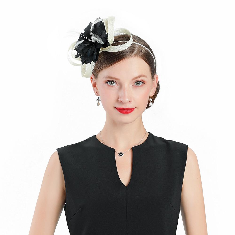 Black Flower Headband Pillbox Fascinator Hat with White Feathers-Hats-Innovato Design-Innovato Design