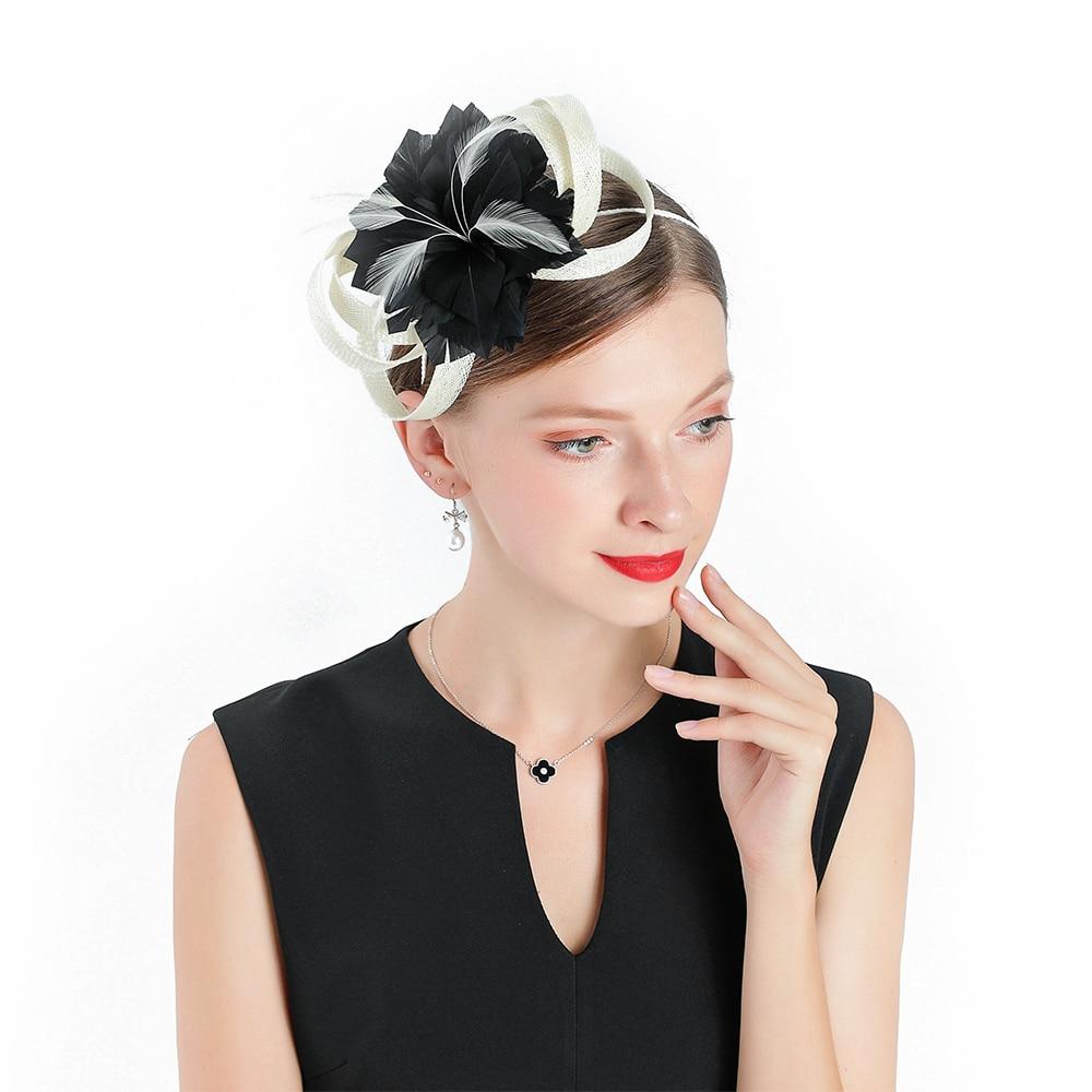 Black Flower Headband Pillbox Fascinator Hat with White Feathers-Hats-Innovato Design-Innovato Design