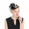Black Flower Headband Pillbox Fascinator Hat with White Feathers