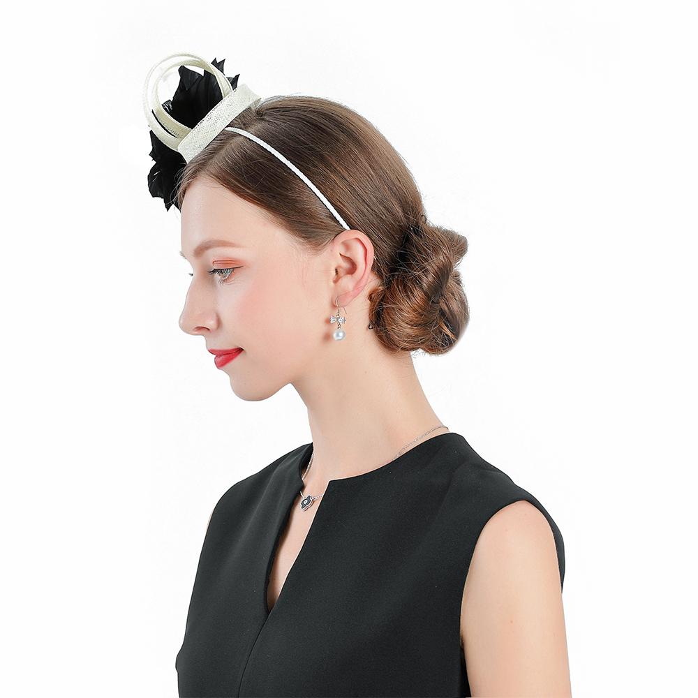 Black Flower Headband Pillbox Fascinator Hat with White Feathers-Hats-Innovato Design-Innovato Design
