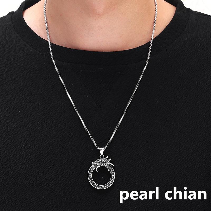 Stainless Steel and Dragon Ring Pendant with Rune Symbols-Necklaces-Innovato Design-Silver-Pearl-Innovato Design