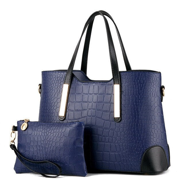 Vintage Crocodile Pattern Leather Purse Wallet and Shoulder Bag and Handbag Set-Handbags-Innovato Design-Deep Blue-Innovato Design