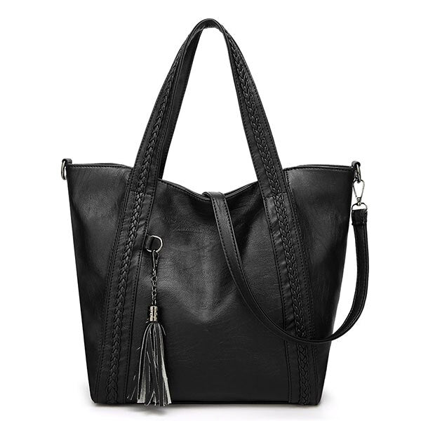Large Tassel Plaited Leather Tote Bag, Shoulder Bag, Crossbody Bag and Handbag-Handbags-Innovato Design-Black-Innovato Design