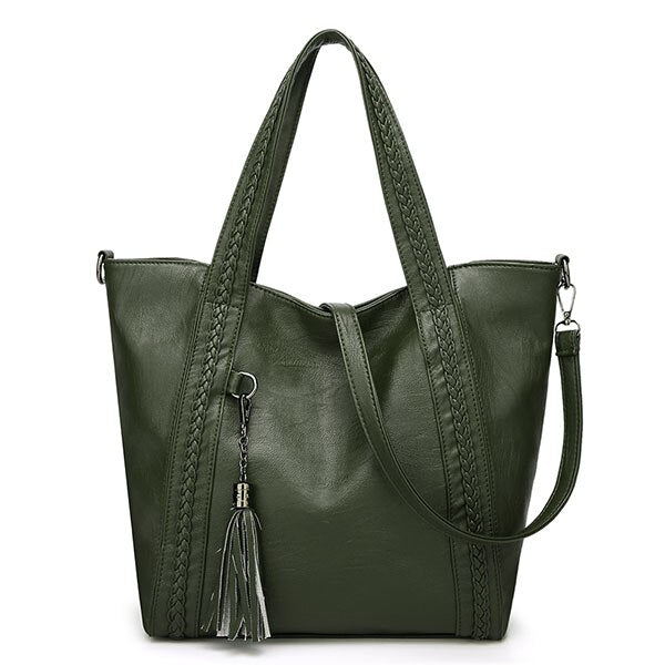 Large Tassel Plaited Leather Tote Bag, Shoulder Bag, Crossbody Bag and Handbag-Handbags-Innovato Design-Green-Innovato Design
