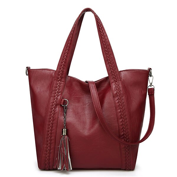 Large Tassel Plaited Leather Tote Bag, Shoulder Bag, Crossbody Bag and Handbag-Handbags-Innovato Design-Red-Innovato Design