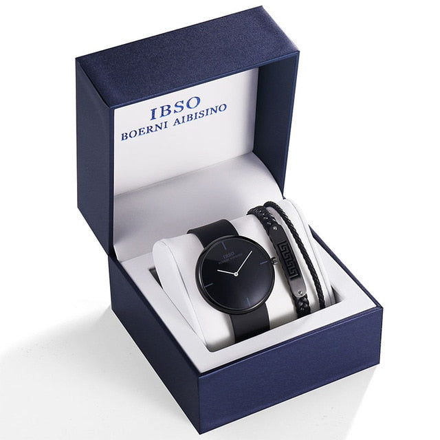 Men Silicone Strap or Leather Strap Quartz Watch and Black Bracelet Jewelry Set-Jewelry Sets-Innovato Design-Black-Innovato Design