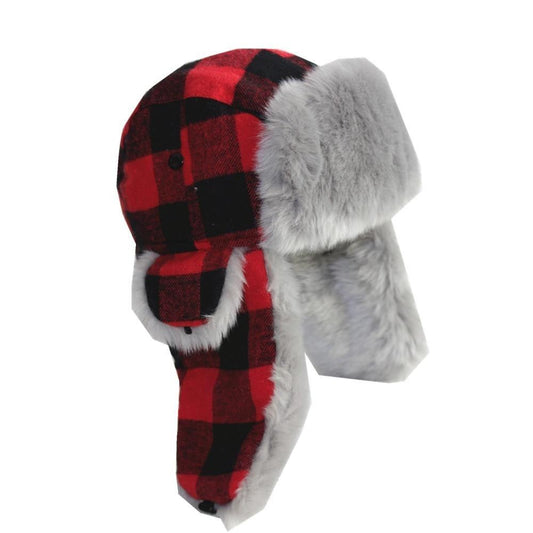 Warm Thick Red Plaid Trapper Cashmere Fur Bomber Hat with Earflaps-Hats-Innovato Design-Innovato Design