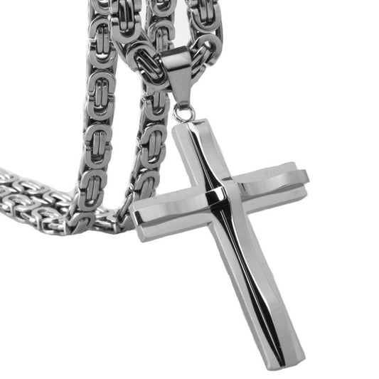 Stainless Steel Silver Cross with Wavy Metal Overlay Byzantine Chain Necklace-Necklaces-Innovato Design-Silver-20-Innovato Design