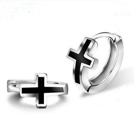 925 Sterling Silver Black Cross Hoop Earrings-Earrings-Innovato Design-Innovato Design