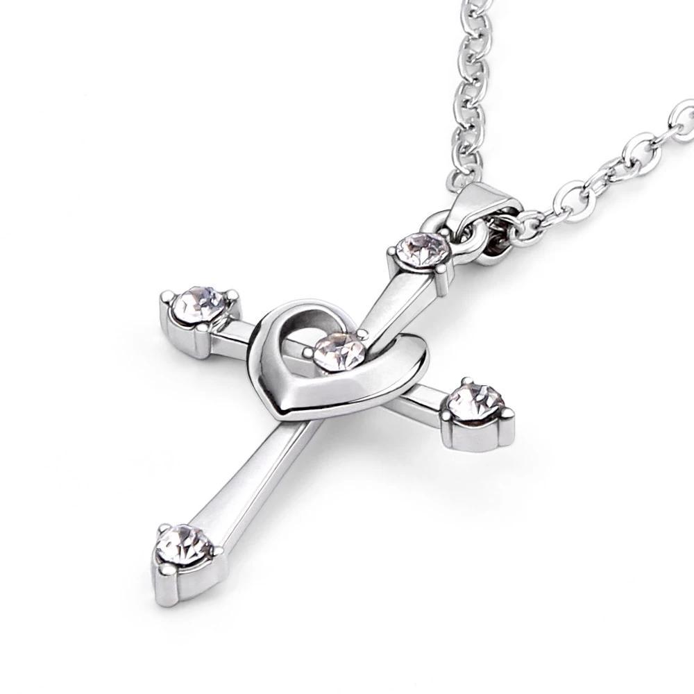 Sterling Silver Cross and Heart Pendant with Crystals Necklace-Necklaces-Innovato Design-Innovato Design