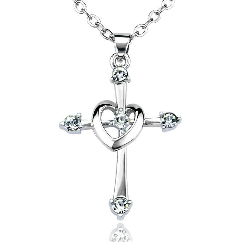 Sterling Silver Cross and Heart Pendant with Crystals Necklace-Necklaces-Innovato Design-Innovato Design