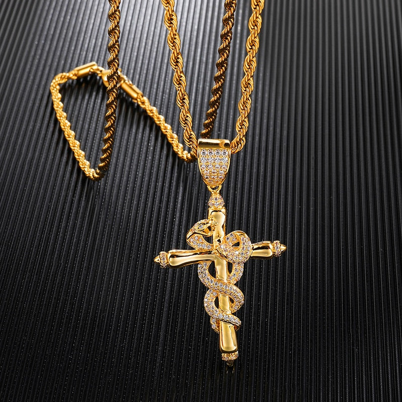 Micro-Paved Cubic-Zirconia-Studded Cross with Snake Hip-hop Pendant Necklace-Necklaces-Innovato Design-4mm Tennis-24inch-Innovato Design