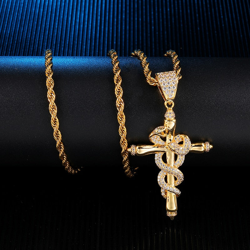 Micro-Paved Cubic-Zirconia-Studded Cross with Snake Hip-hop Pendant Necklace-Necklaces-Innovato Design-4mm Tennis-24inch-Innovato Design
