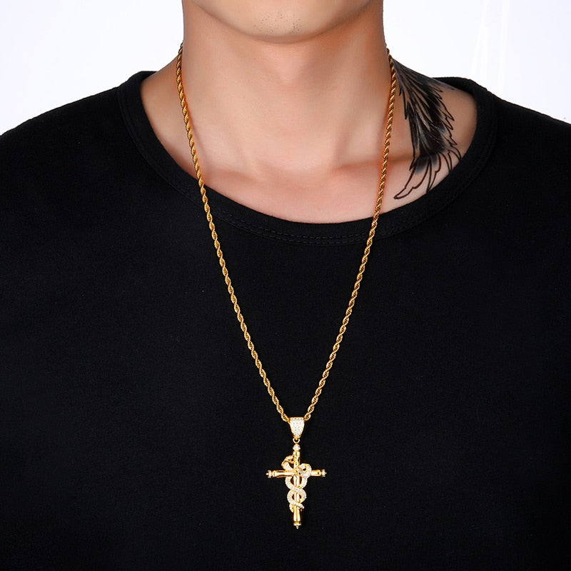 Micro-Paved Cubic-Zirconia-Studded Cross with Snake Hip-hop Pendant Necklace-Necklaces-Innovato Design-4mm Tennis-24inch-Innovato Design