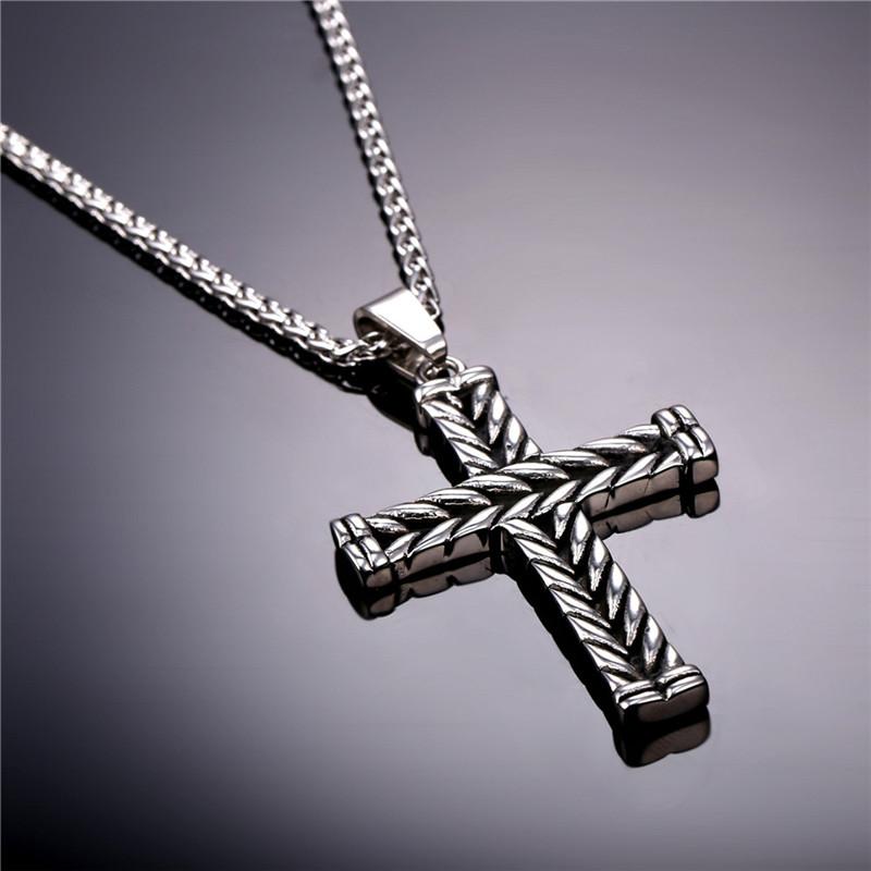 Gothic Silver Striped Cross Pendant Necklace-Necklaces-Innovato Design-Innovato Design
