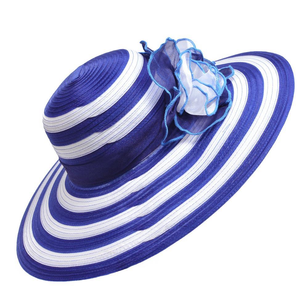 Floppy Wide Brim Striped Sun Hat with Organza Flower-Hats-Innovato Design-Blue White-Innovato Design