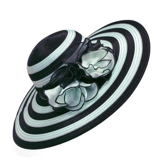Floppy Wide Brim Striped Sun Hat with Organza Flower-Hats-Innovato Design-Black Green-Innovato Design