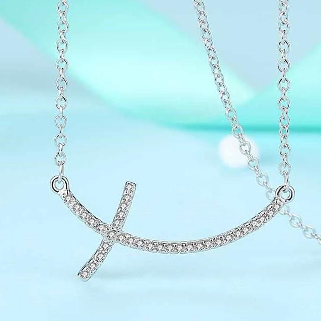 925 Sterling Silver Sideways Cross Pendant with Cubic Zirconia Crystals Necklace-Necklaces-Innovato Design-Classic-Innovato Design