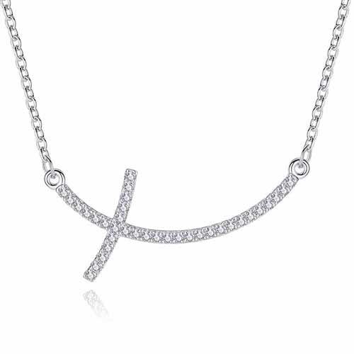 925 Sterling Silver Sideways Cross Pendant with Cubic Zirconia Crystals Necklace-Necklaces-Innovato Design-Modern-Innovato Design