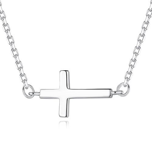 925 Sterling Silver Sideways Cross Pendant with Cubic Zirconia Crystals  Necklace - Classic