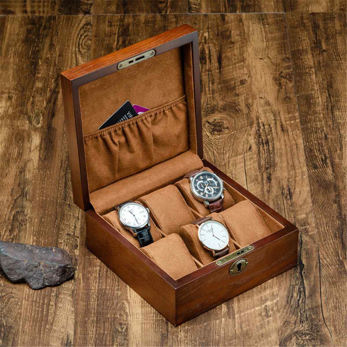 Brown Retro Wooden Watch and Jewelry Storage Box with Key-Watch Box-Innovato Design-Rectangle-Innovato Design
