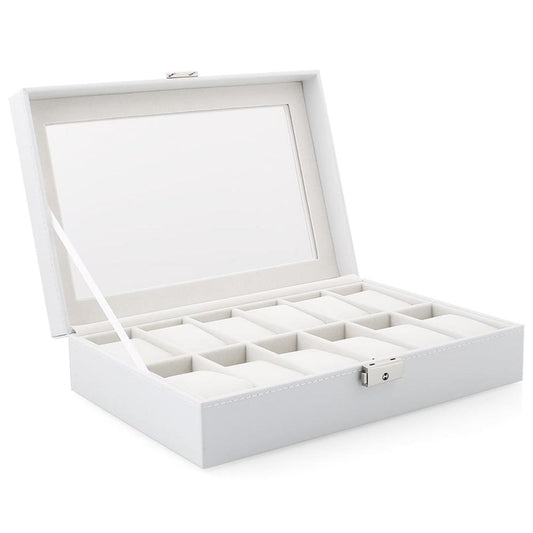 White Wood and Leather Watch Jewelry Storage Box - InnovatoDesign