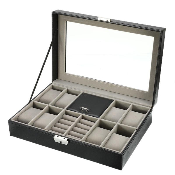 Black Leather Watch and Jewelry Multi Functional Storage Box - InnovatoDesign