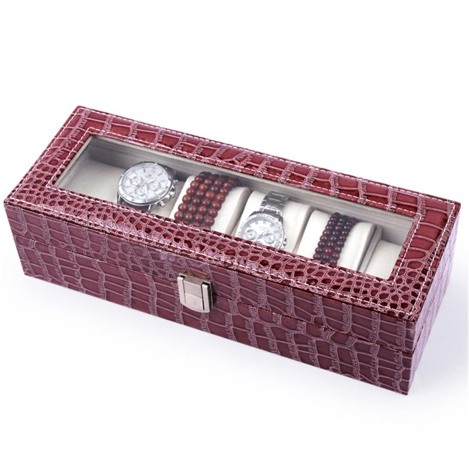 Burgundy Striped Leather Watch and Jewelry Display Storage Box-Watch Box-Innovato Design-Brown-Innovato Design