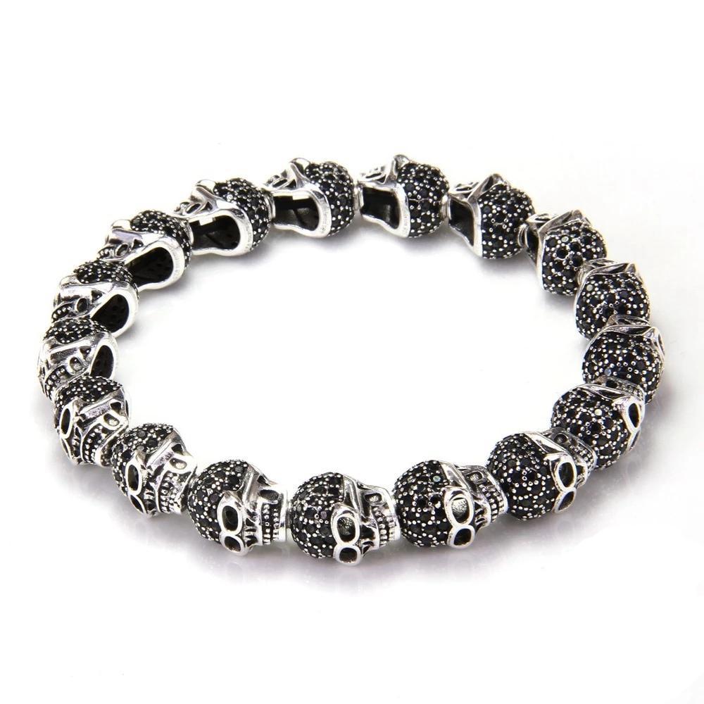 925 Sterling Silver Skull with Black Cubic Zirconia Beads Bracelets-Skull Bracelet-Innovato Design-6.3 inch-Innovato Design