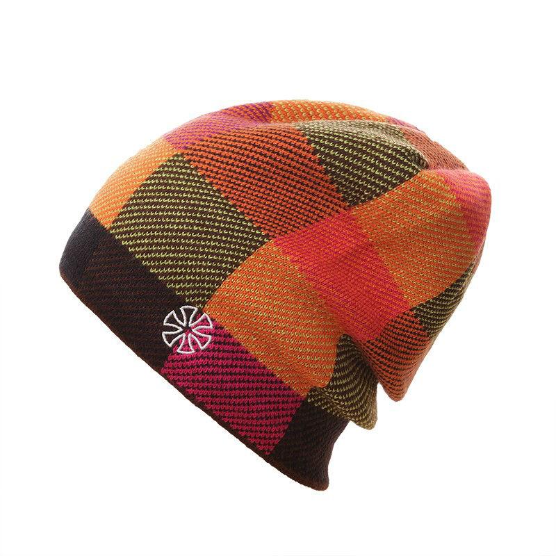 Multicolored Checkered Embroidered Knit Winter Hat, Beanie or Bonnet-Hats-Innovato Design-Orange-Innovato Design