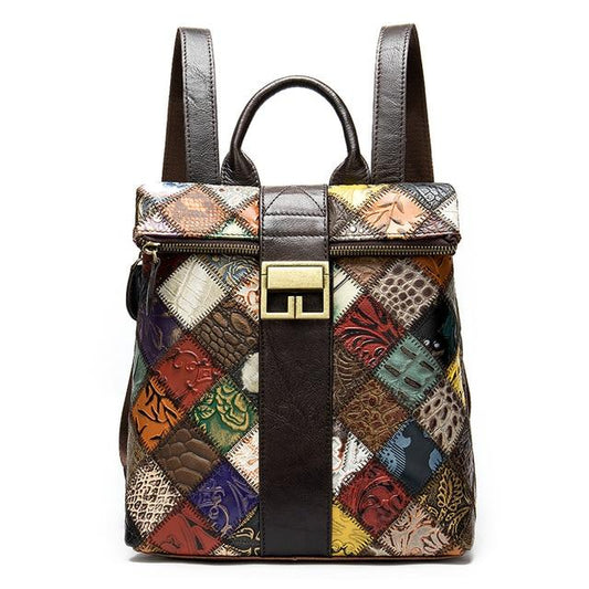 Colorful and Trendy Patchwork Design on Leather Backpack for Women - InnovatoDesign