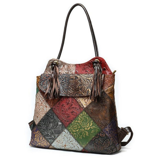 Lady’s Sling Bag or Backpack with Floral Embossed Designs on Leather Patchwork Pattern - InnovatoDesign