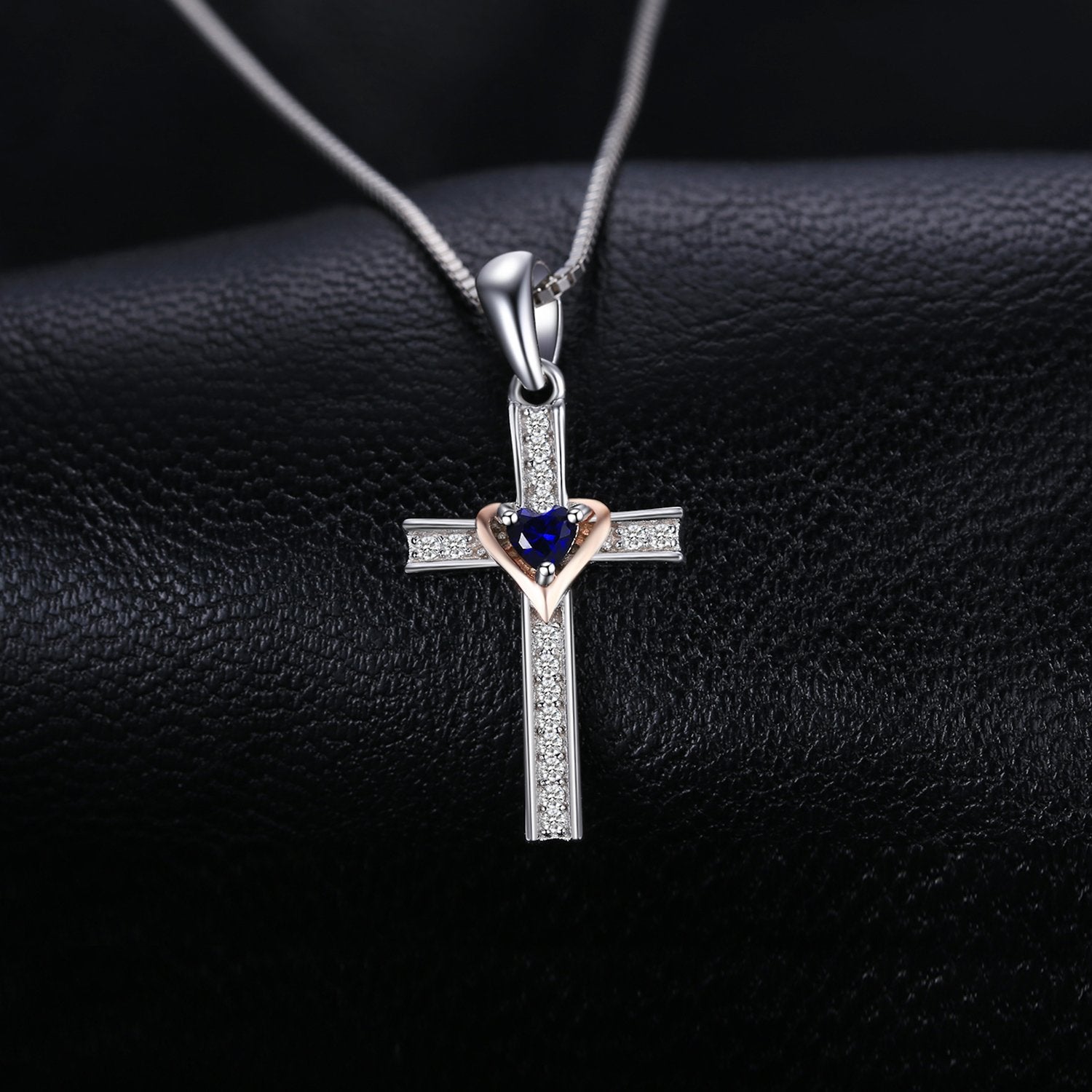 Blue Sapphire Heart Crystal on Silver Cross Pendant and Chain Necklace 925 Sterling Silver-Necklaces-Innovato Design-Innovato Design