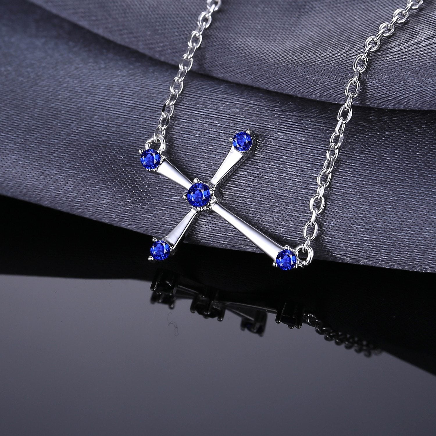 0.25ct Horizontal Blue Sapphire Sideways Cross Necklace 925 Sterling Silver-Necklaces-Innovato Design-Innovato Design