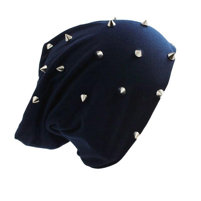 Hip-hop Solid Color Beanie, Skullie or Bonnet with Silvery Rivets-Hats-Innovato Design-Navy Blue-Innovato Design