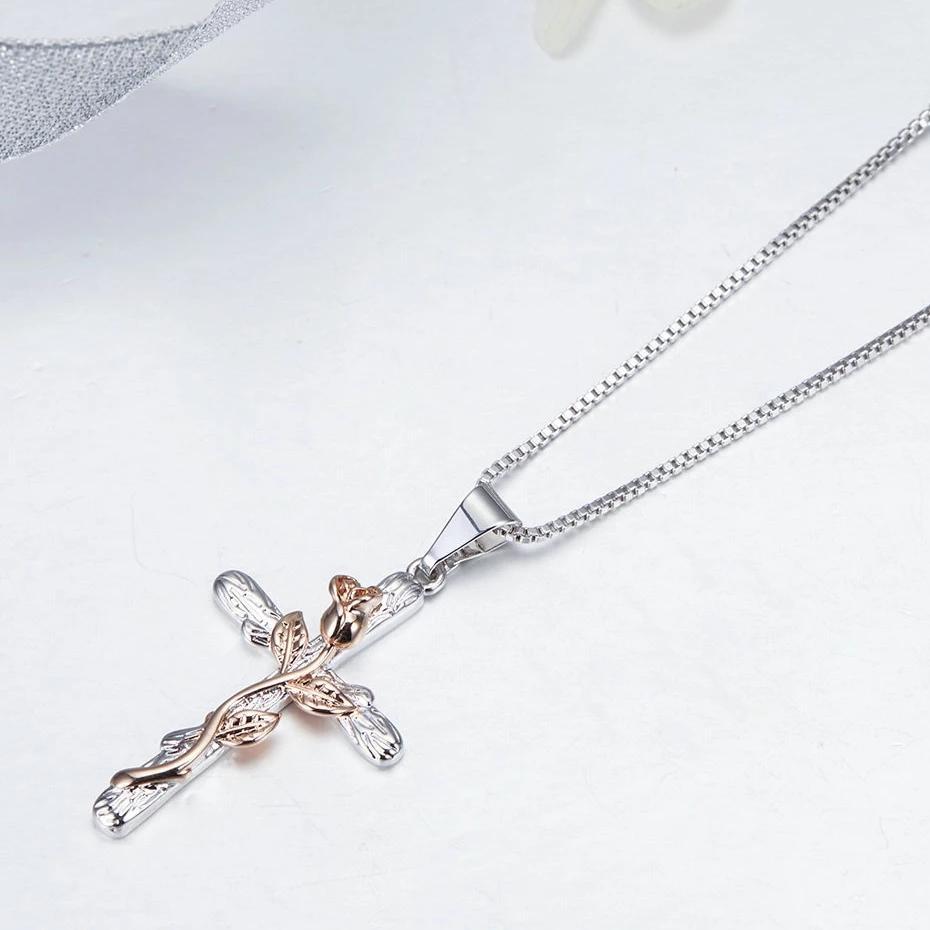 Sterling Silver Rose-themed Cross Pendant with Black Cubic Zirconia Gems Necklace-Necklaces-Innovato Design-Innovato Design