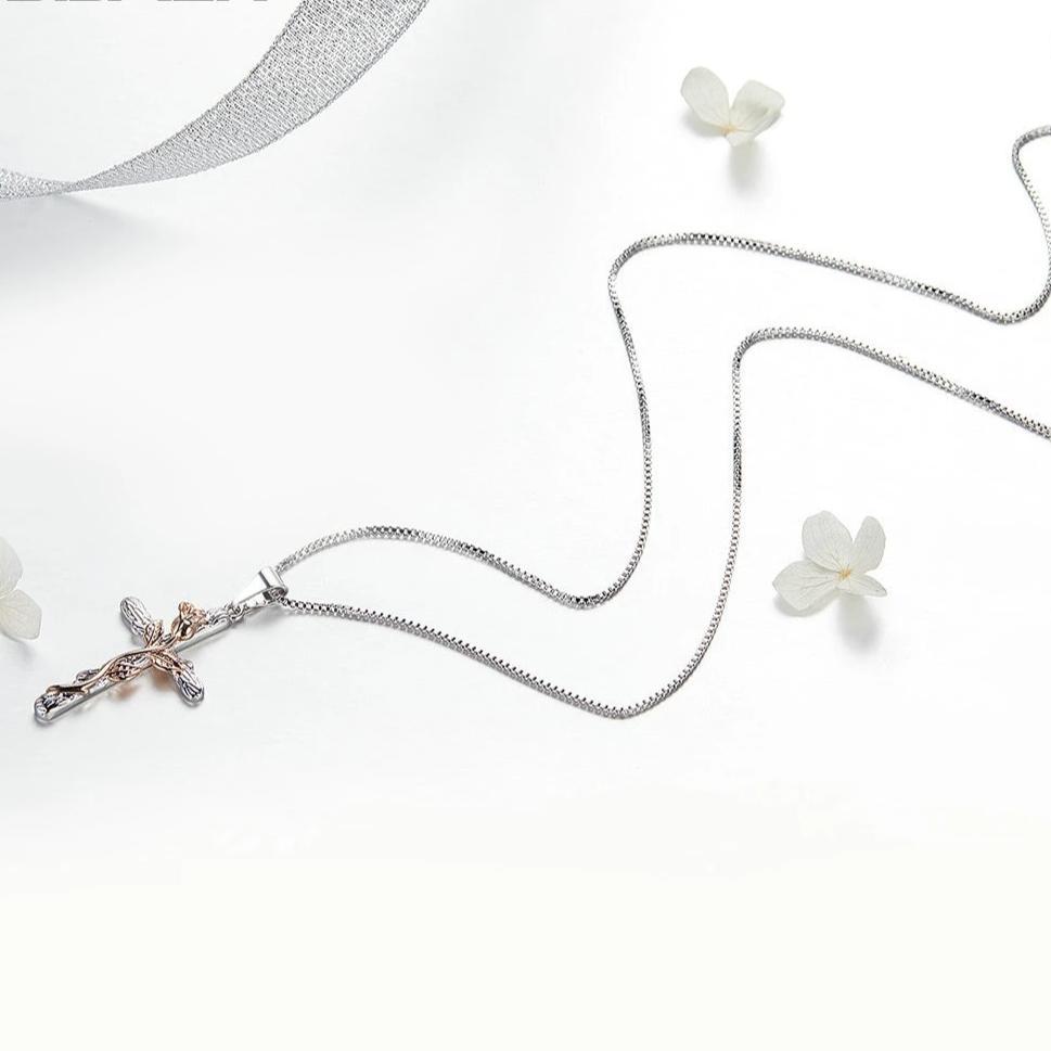 Sterling Silver Rose-themed Cross Pendant with Black Cubic Zirconia Gems Necklace-Necklaces-Innovato Design-Innovato Design