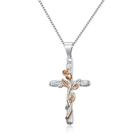 Sterling Silver Rose-themed Cross Pendant with Black Cubic Zirconia Gems Necklace-Necklaces-Innovato Design-Innovato Design