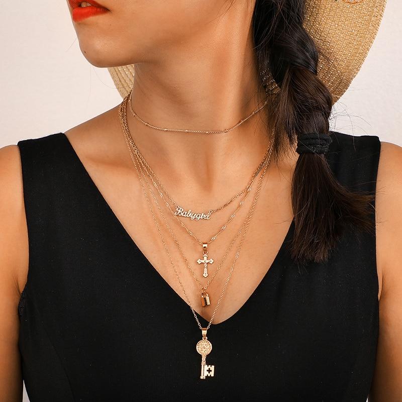 Multilayer Gold Chain Necklace with Pendant - Lock, Key and Cross-Necklaces-Innovato Design-Innovato Design