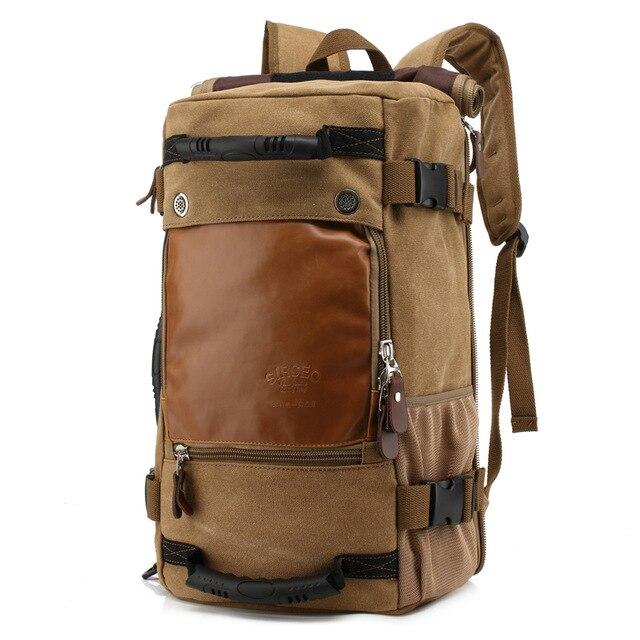casual canvas leather backpack Two Tone Casual Canvas Leather 20 to 35L Backpack, Khaki