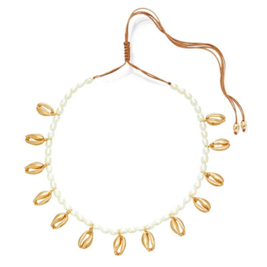 White Pearl and Golden Puka Shell Rope Necklace-Necklaces-Innovato Design-Bracelet-Innovato Design
