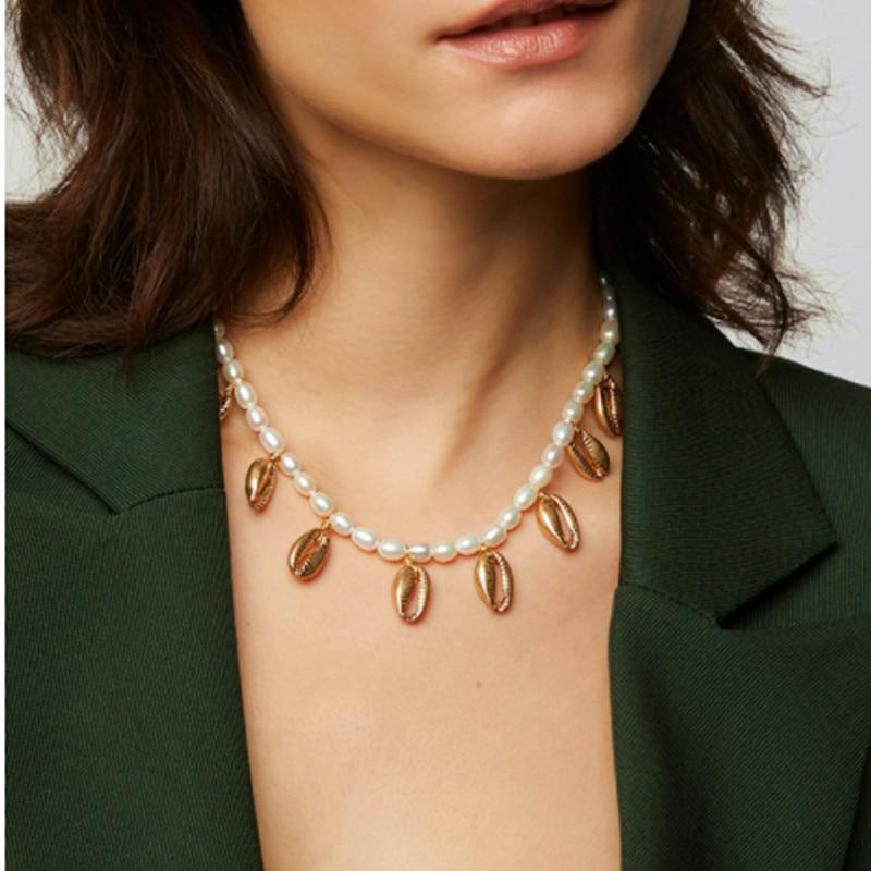 White Pearl and Golden Puka Shell Rope Necklace-Necklaces-Innovato Design-Necklace-Innovato Design