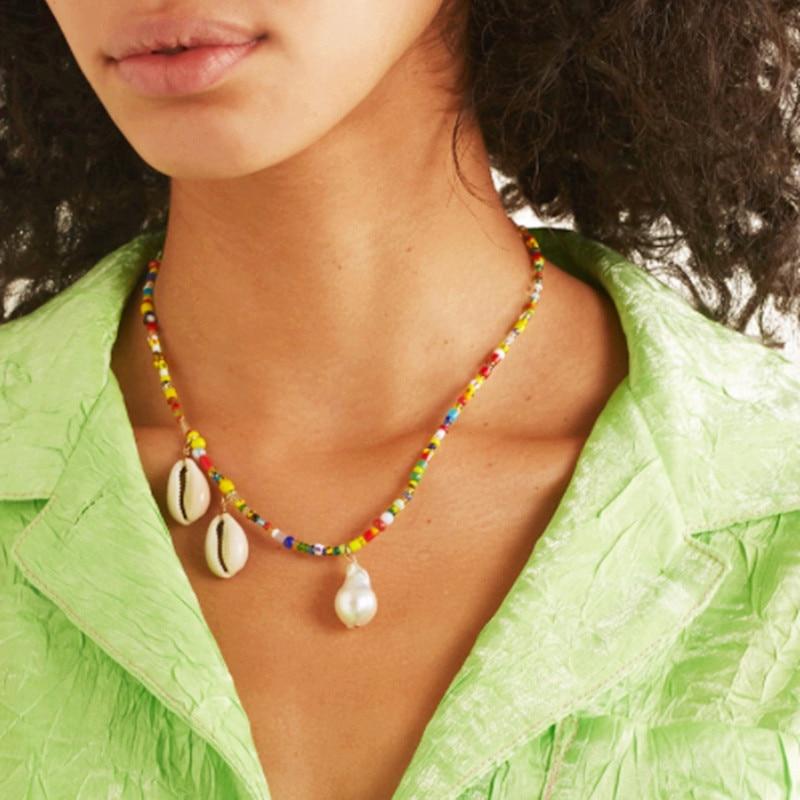 Colorful Beaded Necklace with Puka Shell and Stone Pendant-Necklaces-Innovato Design-Innovato Design